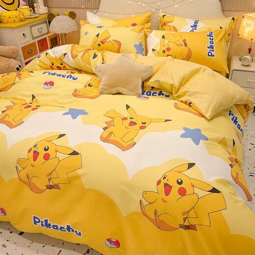 Enxing Pikachu cotton bed four-piece set 100 pure cotton Pokémon bedding children's quilt cover sheet three-piece fitted sheet set 4 Cotton Pokémon-Baby Pikachu Pokémon Genuine IP 100% cotton 1.8m bed sheet style four-piece set-quilt cover 200*230cm