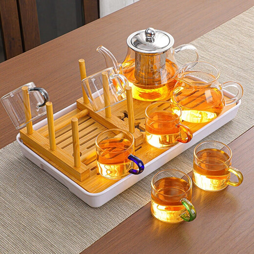 High temperature resistant glass kung fu tea set office home teapot tea cup tea set complete set of combined tea ceremony 4 color cups-Bajun pot + small black plate