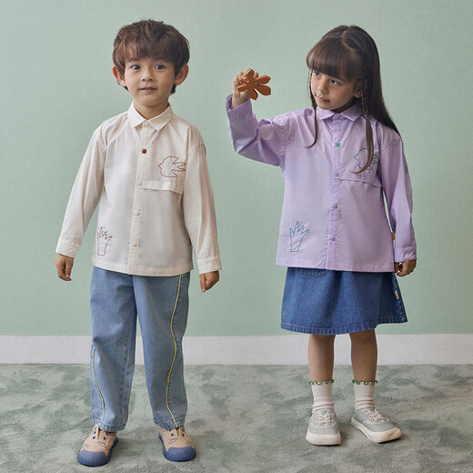 Papa climbing spring children's shirt men's and women's baby lapel solid color embroidered top fashionable and versatile purple 100 cm