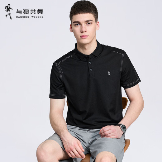 与狼共舞【含桑蚕丝】明线短袖T恤男士2025夏季莫代尔透气凉感polo衫6187 黑色001 L (175)