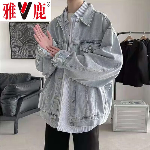 Yalu denim jacket men's autumn men's Hong Kong style trendy loose jacket tops plus velvet thickening handsome work clothes outer clothes blue regular XL recommended weight 120-140Jin Jin equals 0.5 kg