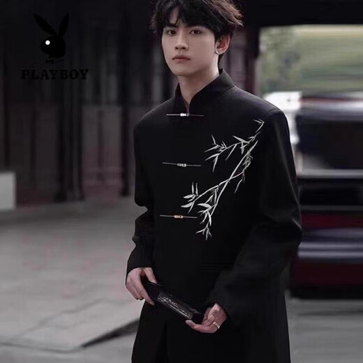 Playboy (PLAYBOY) new Chinese style men's engagement suit Chinese style stand collar tunic suit green bamboo embroidery boy adult dress suit wear black suit (green bamboo) XL
