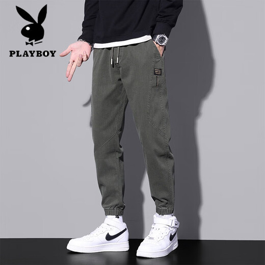 花花公子（PLAYBOY）2025春秋新款男士束脚休闲裤青少年百搭休闲裤潮流日常学生休闲裤 军绿色9859 M