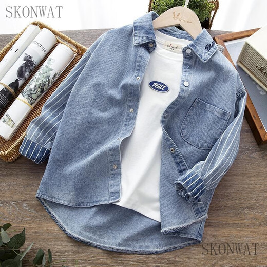SKONWAT boys' denim shirt spring and autumn new children's long-sleeved casual jacket student shirt cardigan outer top blue cloth 130 size recommended height around 120cm