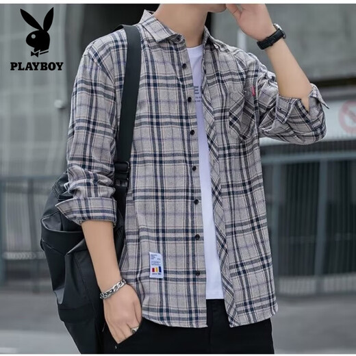 Camisa informal a cuadros de Playboy, camisa de manga larga para primavera y otoño para hombre, tops de estilo coreano, chaqueta fina holgada retro de verano K12109 verde (más terciopelo M 90-110Jin Jin es igual a 0,5 kg