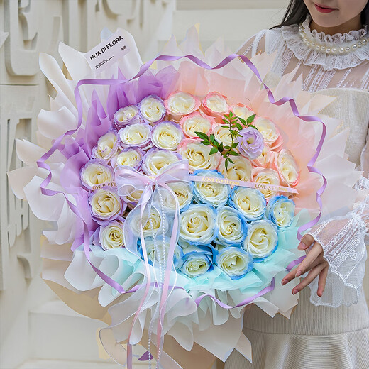 Baihuaguan Valentine's Day Flowers Crushed Ice Blue Rose Real Bouquet Full of Gypsophila Birthday Gift for Girlfriend Same City Delivery within Hours Pitching Galaxy 33 Flowers | dsa09