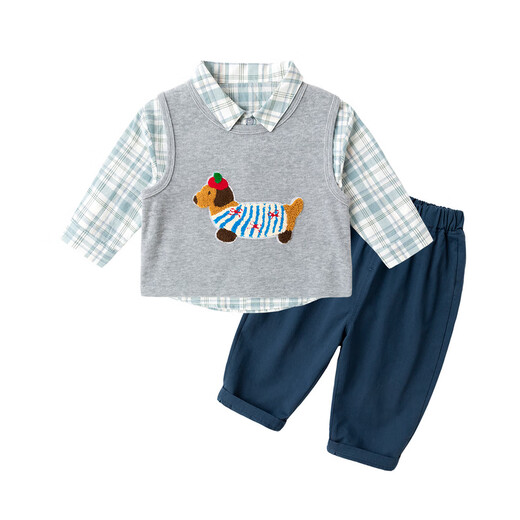 Dudujia Children's Autumn Plaid Shirt Suit Boys Lapel Jacket Knitted Vest Baby Cotton Pants Casual Jacket Blue 100