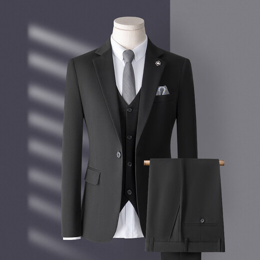 Bird-like suit suit for men, three-piece Korean style slim business casual suit for groom and wedding, medium gray, top + pants + vest, free lining L