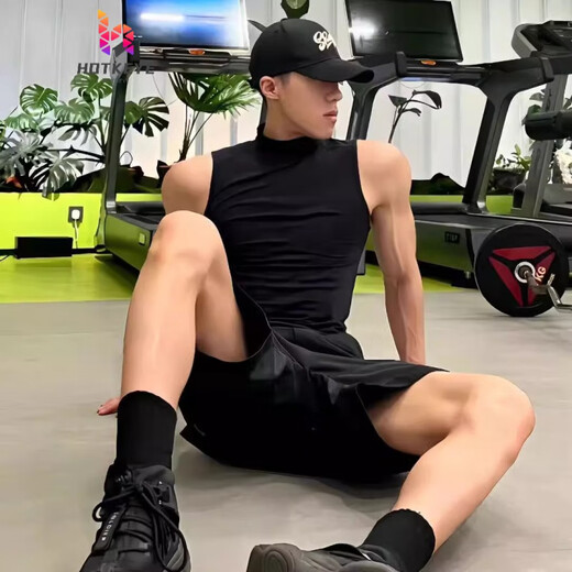 山森南狮美式冰丝半高领背心男夏季薄款坎肩无袖t恤西装打底纯色运动汗衫 黑色 M