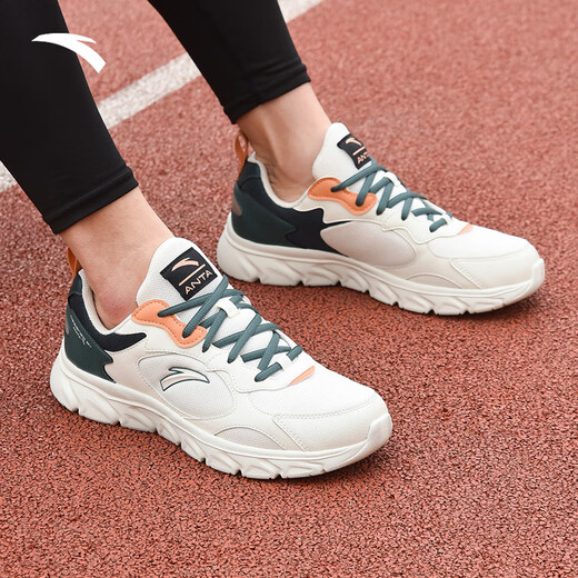 Anta men's shoes, sports shoes, men's summer leather mesh running shoes, breathable, wear-resistant, lightweight casual body test, travel shoes for men [hot-selling leather mesh breathable] light beige/green 42
