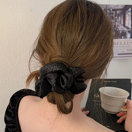 Tang Funi's Korean temperament black large intestine hair tie new high elastic rubber band head rope low ponytail hair accessory high-end headwear #black Double spell hair tie