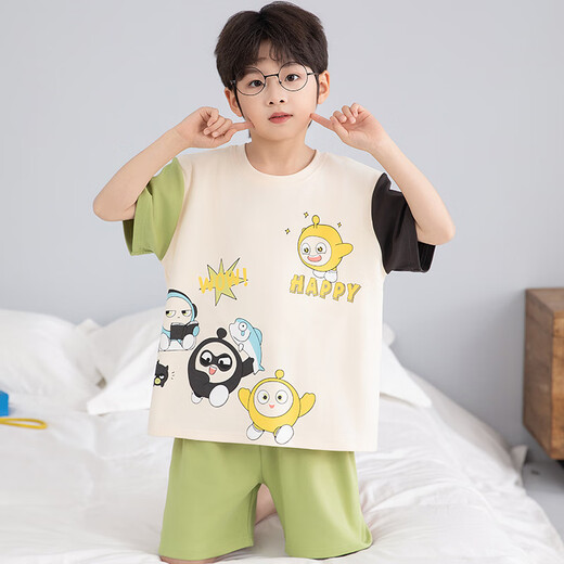 Neue Sommer-Kinder-Pyjama-Jungen Pure Cotton Short Sleeves Shorts Big Boys 6-15-jährige Schüler Baby Heimkleidung Y692 Eierparty [100 reines Baumwollset] Einen Größe empfohlen 123cm45jin [Jin gleich 0,5 kg] innerhalb [12 Größen]