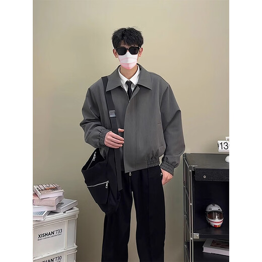 POUM short jacket for men in spring, autumn and winter, American retro trendy loose executive shoulder pad blazer jacket JFFS-847 black XL (size is too small, it is recommended to choose one size larger)