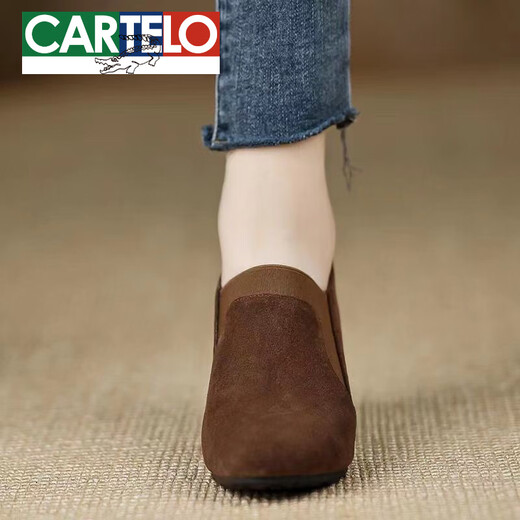 CARTELO brand 2025 handmade women's shoes new wedge heel round toe shoes comfortable nubuck leather elastic band solid color black women black 37