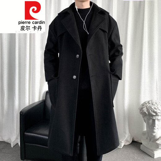 皮尔卡丹（pierre cardin）军绿色成熟稳重男装感风衣男中长款冬季苏联军呢大衣外套 黑色 M