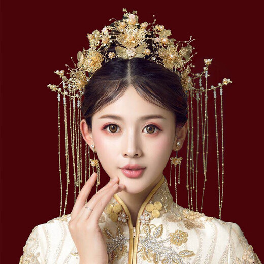 Tongrubi tiara bride Xiuhe Xiuhe clothing new phoenix crown female Chinese wedding golden hair accessories atmospheric wedding flow No. 2 tiara + ear acupuncture + gift box