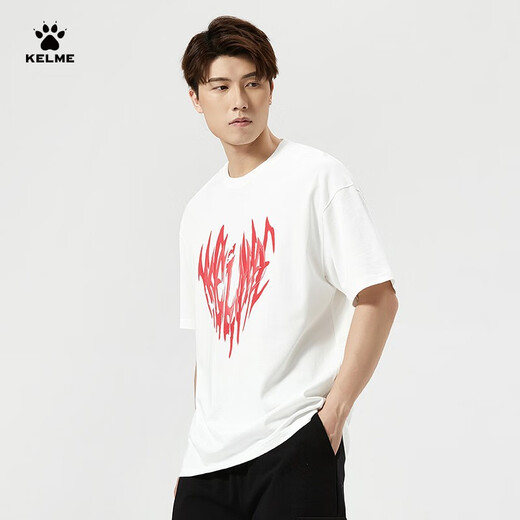 卡尔美（KELME） 圆领T恤男宽松夏季新款纯棉短袖休闲足球潮流文化衫 9224TX1056 白色 L
