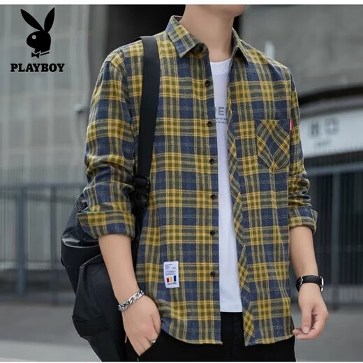 Camisa informal a cuadros de Playboy, camisa de manga larga para primavera y otoño para hombre, tops de estilo coreano, chaqueta fina holgada retro de verano K12109 verde (más terciopelo M 90-110Jin Jin es igual a 0,5 kg