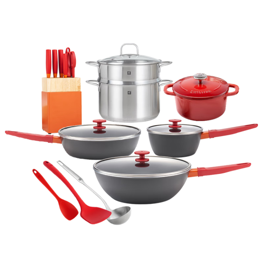 ZWILLING pot set, soup pot, steamer, knife, Now Plus non-stick wok, frying pan, milk pot, enamel pot, kitchen utensils 16-piece set