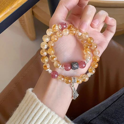 Yellow pagoda crystal citrine bracelet attracts wealth and prosperity, yellow crystal bracelet with strawberry crystal attracts girls with peach blossoms, yellow pagoda crystal 16cm