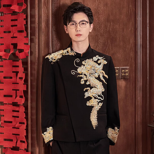 TOME BORNEK American Tommy New Chinese tunic men's wedding suit suit Chinese style groom wedding dress dragon pattern embroidery Yunqi suit jacket + pants M