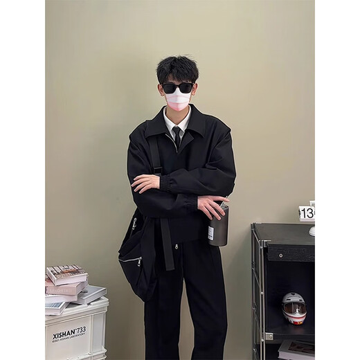 POUM short jacket for men in spring, autumn and winter, American retro trendy loose executive shoulder pad blazer jacket JFFS-847 black XL (size is too small, it is recommended to choose one size larger)