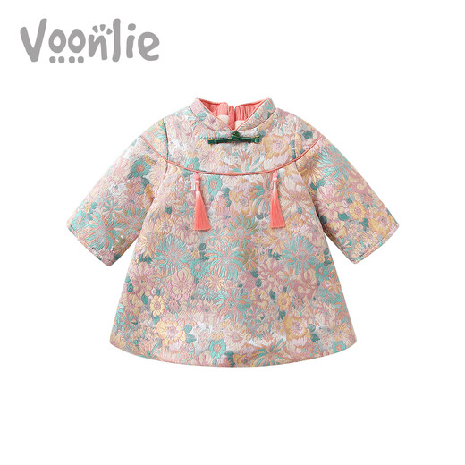 Fanhunting girls Chinese style dress winter plus velvet children's princess dress one-year-old baby dress for the first week banquet winter color 80