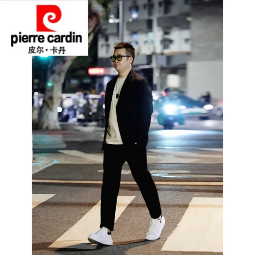 Pierre Cardin spring and autumn slimming outfit for slightly fat boys with light and sophisticated style small blazer for fat men, large size casual woolen suit, black suit + white T-shirt + black trousers M recommended 95-120 Jin Jin equals 0.5 kg