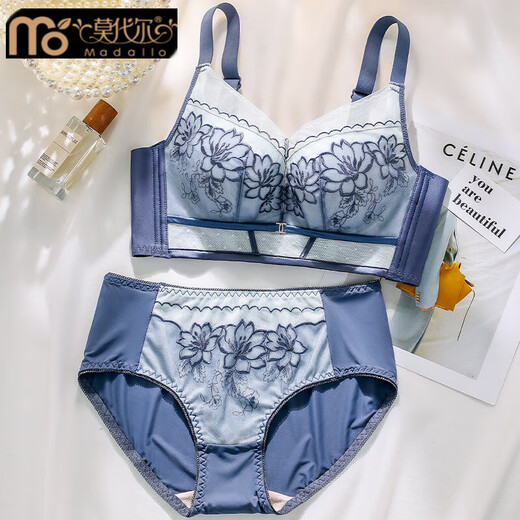 Modal Summer Lace Wireless Bra Push Up Showing Big Holes Thin Cup Breathable Adjustable Underwear Women's Set Blue 75C 34 Thin Cup