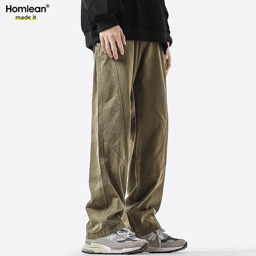 Homlean American pure cotton casual pants men's spring and summer niche trendy brand retro loose workwear long pants HS60 Khaki XL