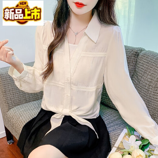 Früher Durchmesser, gefälschtes zweiteiliges Saum-Knoten-Langarm-Chiffon-Shirt für Frauen, 2025, neues Frühjahr, lockeres Hemd im koreanischen Stil, Oberteil im Western-Stil, 5009-Blau. Wählen Sie nicht die Figur aus. Wählen Sie nicht die Person aus. S Gewicht 85-95Jin Jin entspricht 0,5 kg