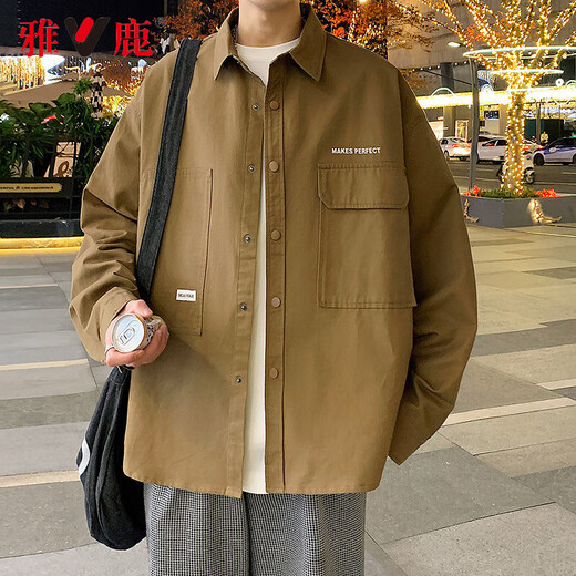 Yalu Spring and Autumn Loose Jacket Men's Trendy Hong Kong Fashion Style Jacket Men's Street Casual Large Size Tops Graphite Black Black XL Recommended 100-135Jin Jin is equal to 0.5 kg