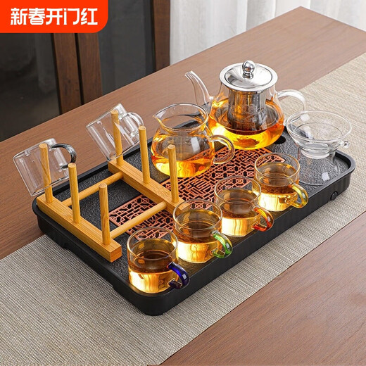 High temperature resistant glass kung fu tea set office home teapot tea cup tea set complete set of combined tea ceremony 4 color cups-Bajun pot + small black plate