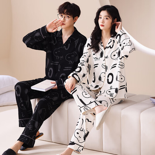 俊俊穗迪美（JUNJUNSUIDIMEI）2套价 情侣睡衣女长袖春秋季薄款纯棉卡通女士男士开衫家居服套装 长-GEY-757 M 女+男XL