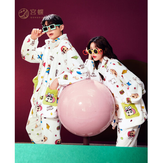 Gongdie Crayon Shin-chan joint couple's pajamas for women autumn and winter coral velvet warm men's pajamas and home clothes XYT-LBXX23763 male (white plush) 2XL (recommended 140-160 Jin Jin equals 0.5 kg)