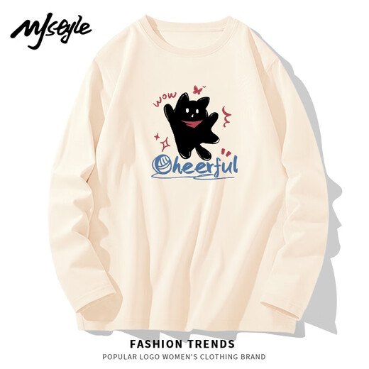 MJ STYLE 200g pure cotton loose long-sleeved T-shirt for women 2026 autumn casual fashion cute kitten versatile top