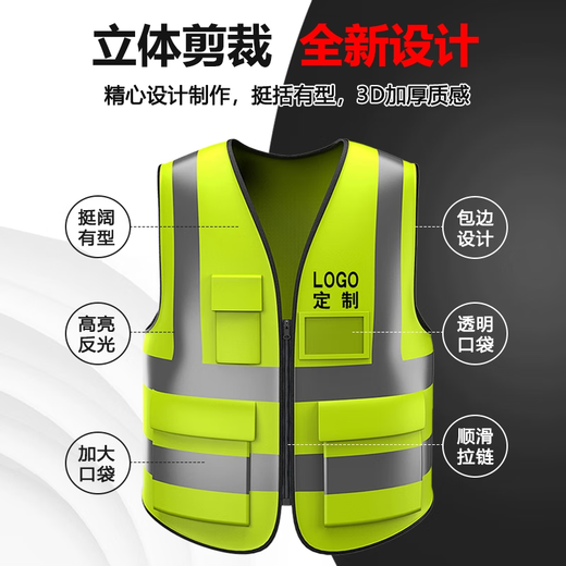 Tongrongcui reflective construction site safety vest and vest, custom-printed logo work clothes, construction sanitation vehicle inspection and cycling, mesh breathable, national standard high-gloss multi-pocket zipper style - fluorescent green 1 piece