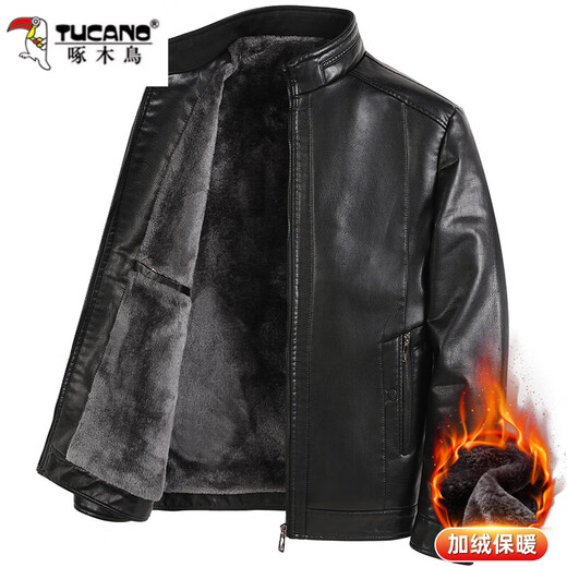 Woodpecker 2025 autumn and winter new style middle-aged men's stand-up collar leather jacket, middle-aged and elderly dad's outfit, velvet thickened leather jacket, black XL
