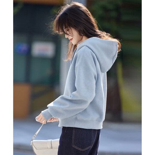 Shangjing Letter Color Block Hooded Sweatshirt Women's 2025 Autumn New Loose Casual Versatile Drawstring Top Blue L