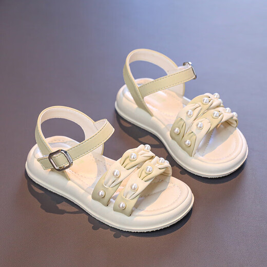 Girls Sandals 2025 New Spring and Autumn Children's Student Pearl Casual Girls Summer Soft Soled Sandals Black 34 Inner Length 21cm