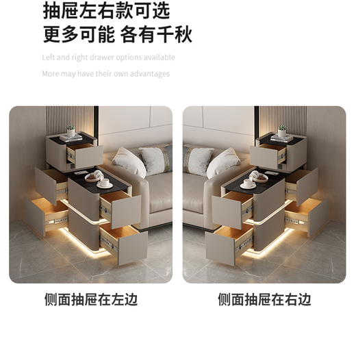 Ziyunshan sofa side table armrest cabinet with light and socket light luxury and high-end small apartment living room multi-functional side cabinet storage cabinet Khaki color (male steak plug+light strip+wireless charging) black glass width 40*height (55+30)*length 90