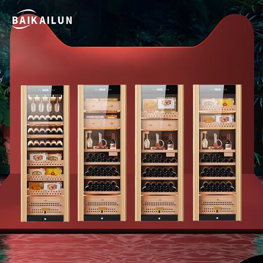 BAIKAILUN cigar cabinet, precise constant temperature and humidity compressor, air-cooled, frost-free and silent, home commercial cigar and cigarette display cabinet, cedar wood shelf, WIFI remote control, ammonia removal fingerprint lock, 1.8 meters, 2 cigar drawers, 1 display shelf, 3 wine shelves