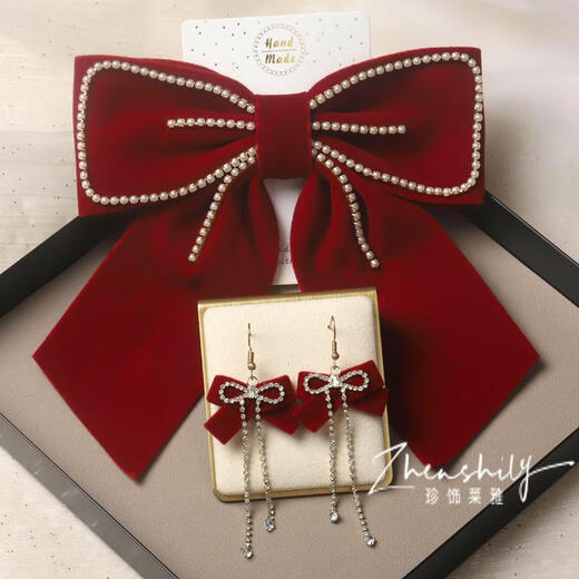 Hunter Bride Toast Wear Headwear Engagement Simple and Attractive New Large Red Bow Fugitive Princess Hair Clip Hair Accessories 1 - Bow Hair Clip + Earrings 2