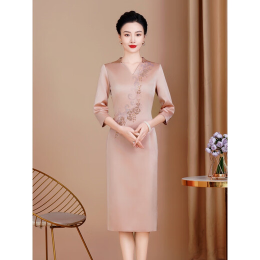 Bei Yaoxi's mother high-end wedding acetate dress cheongsam wedding mother's dress satin mother-in-law noble Xi mother-in-law dress pink three-quarter sleeves L recommended 105-115 Jin Jin equals 0.5 kg