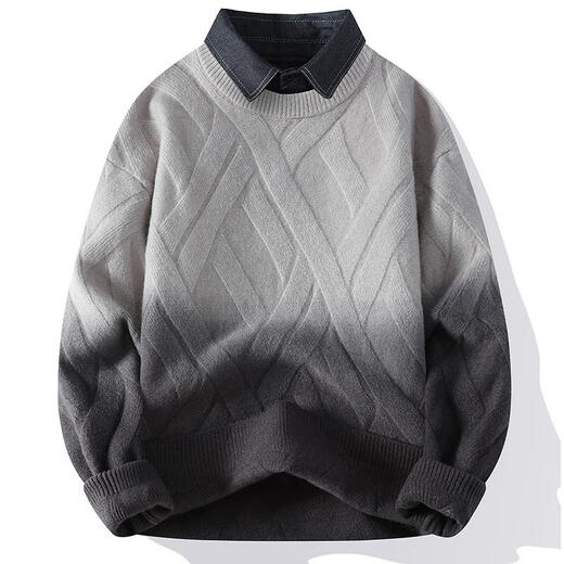 
Dragon Peach Gradient Color Sweater Men's Autumn and Winter Trendy Brand Plus Fleece Thickened Sweater Lazy Style Fake Two-piece Shirt Collar M6625 Black [Round Collar] [115-130Jin[Jin equals 0.5 kg]] XL