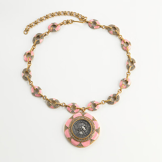 Li Shen's medieval high-end pink enamel avatar coin gold bag silver necklace inlaid with diamonds and oil dripping copper plated with real gold retro 1048 queen avatar ancient coin necklace