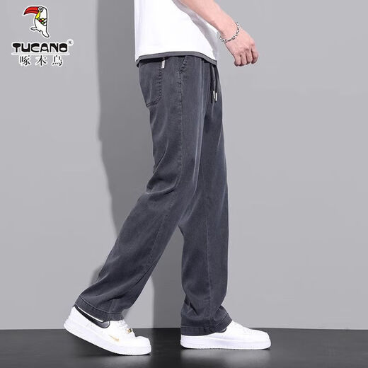 
Woodpecker wide-leg casual pants for men's summer thin ice silk loose sky silk jeans American fashion brand straight Woodpecker-1050-Blue L