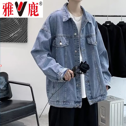 Yalu Denim Jacket Men's Spring and Autumn Jacket Men's Trendy Loose Casual Top Velvet Thickened Work Jacket Men's Black XL (Recommended 125-140 Jin Jin equals 0.5 kg)