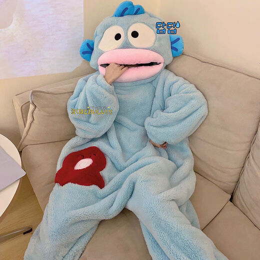 Funny Ugly Fish One-piece Pajamas Women's Coral Velvet Thickened Warm Autumn and Winter Cartoon Cute Couple Pajamas Home Clothes Ugly Fish One-piece Velvet One-piece+Shoes M 100-130Jin Jin equals 0.5 kg High-quality velvet
