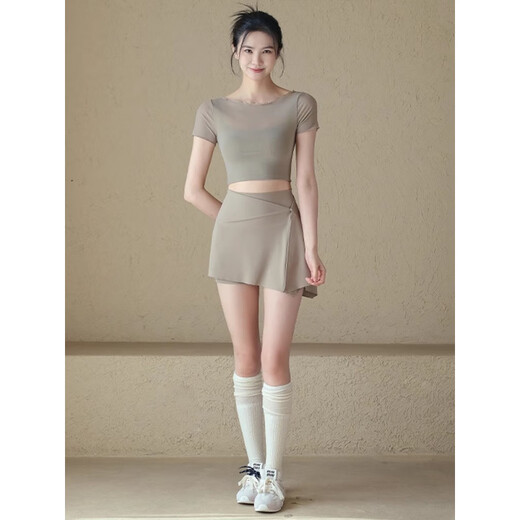 LULUUVTTOH sports shorts women's two-piece anti-exposure running fitness Pilates tennis badminton yoga skirt pants for women almond color true two-piece shorts + hip-covering skirt M